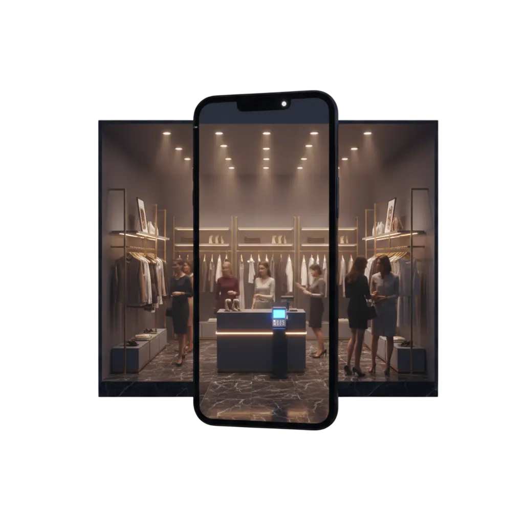 Smartphone 3D mostrando tienda retail en hora punta de campaña — estabilidad operativa en picos de venta