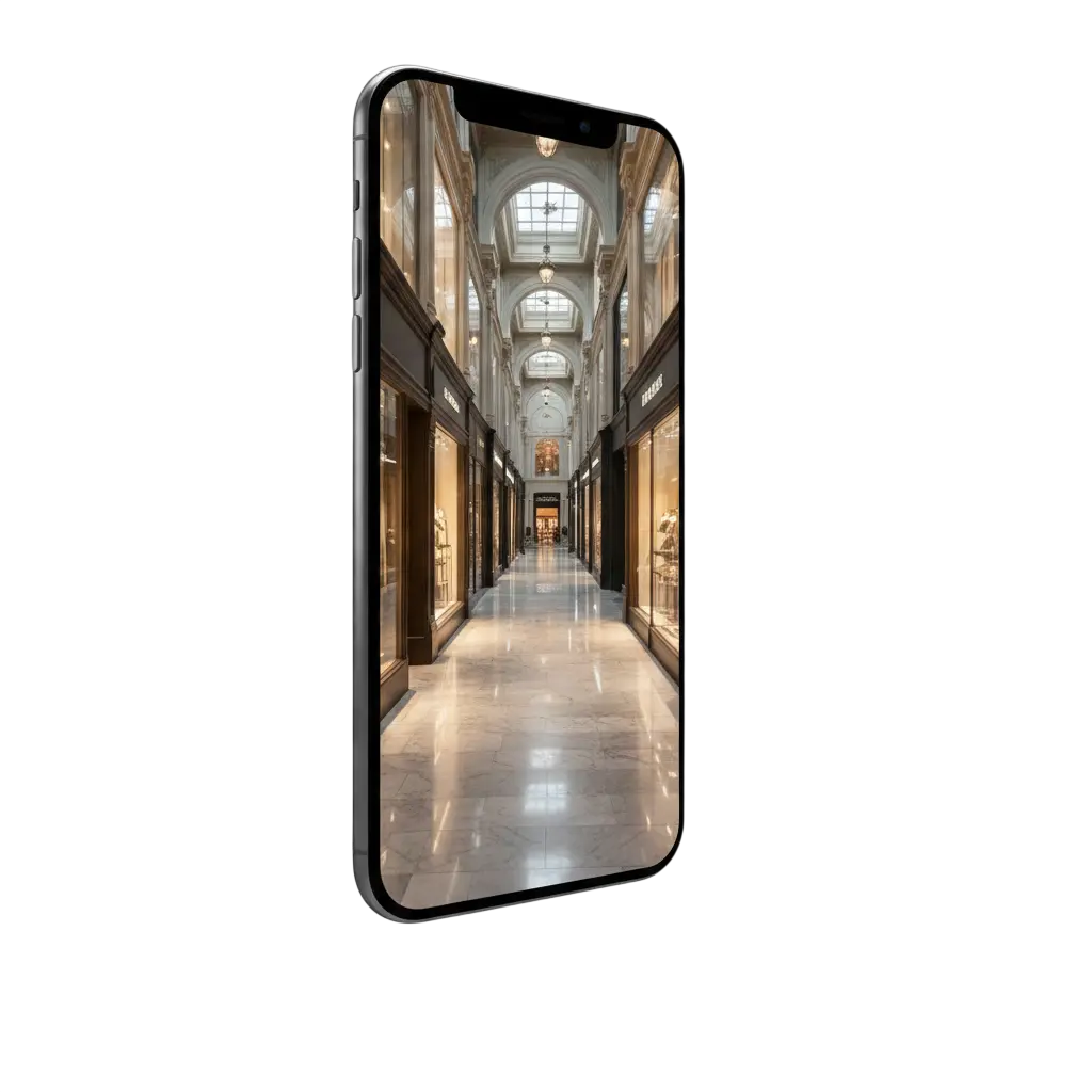 Smartphone 3D mostrando boulevard de tiendas premium en expansión — consultoría retail para crecimiento de cadenas