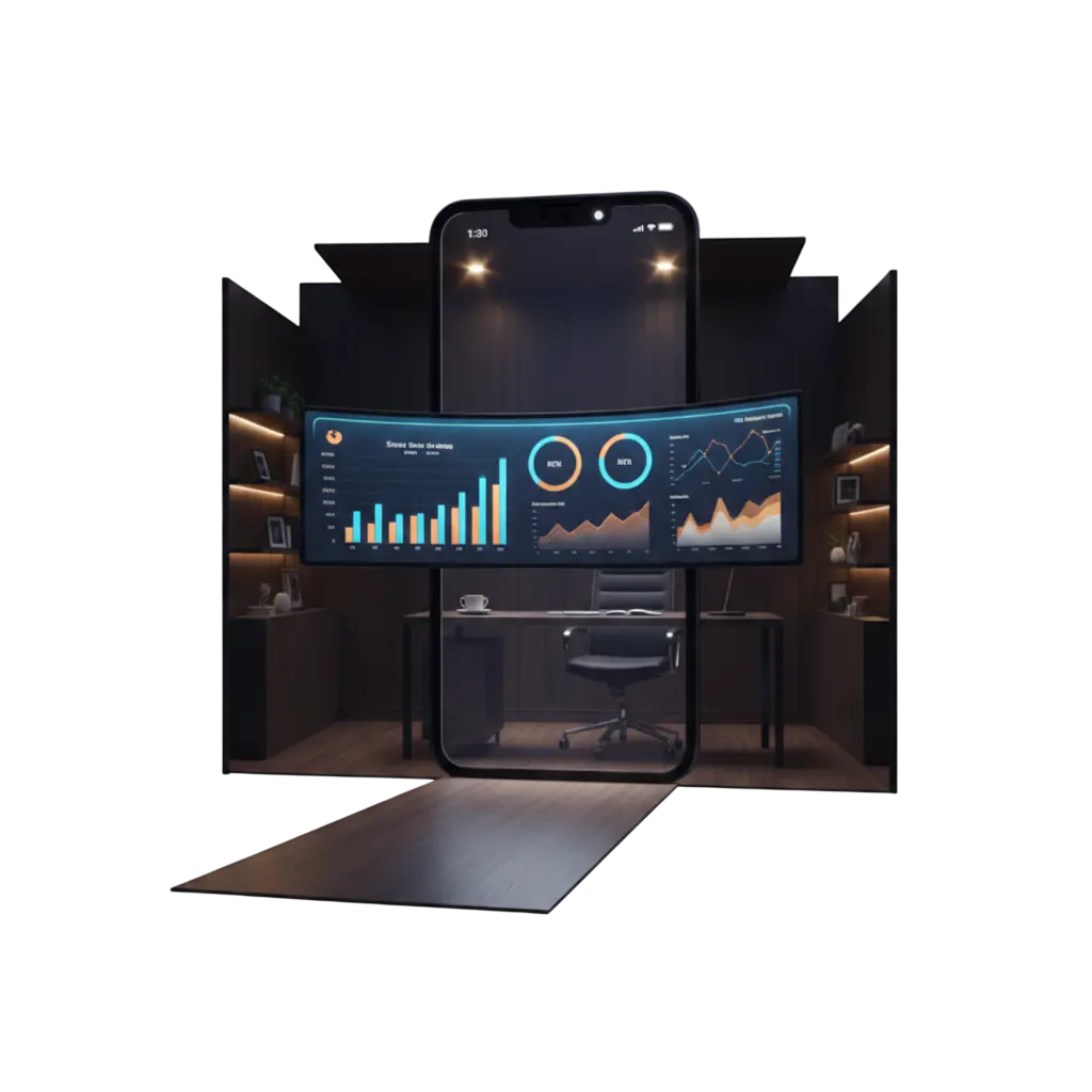 Smartphone 3D mostrando dashboard de analítica retail con KPIs por tienda — control operativo con datos fiables