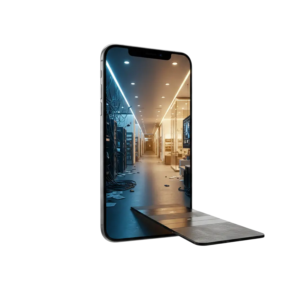 Smartphone 3D mostrando transición de caos tecnológico a claridad operativa — diagnóstico retail para cadenas